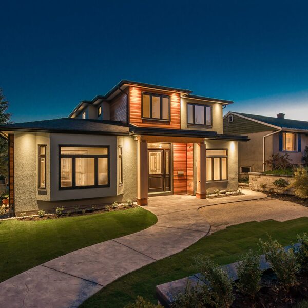 Big Luxury Modern Home at Dusk in Kelowna, British Columbia